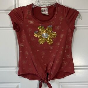 Jenna & Jessie Girls Top Youth 10 Rust Tie Front Sequin Flower‎ Graphic Tee